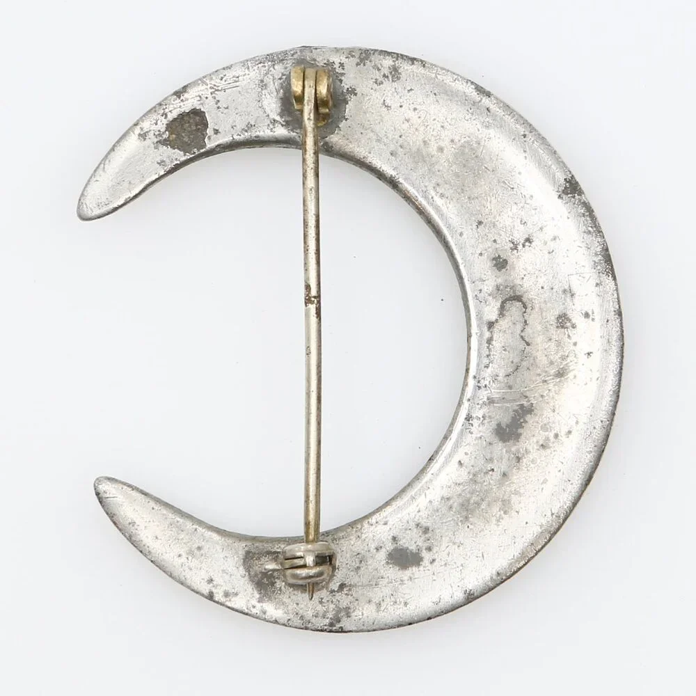 Antique‎ Art Deco Celestial Crescent Moon Rhinestone Pot Metal Brooch 1920s